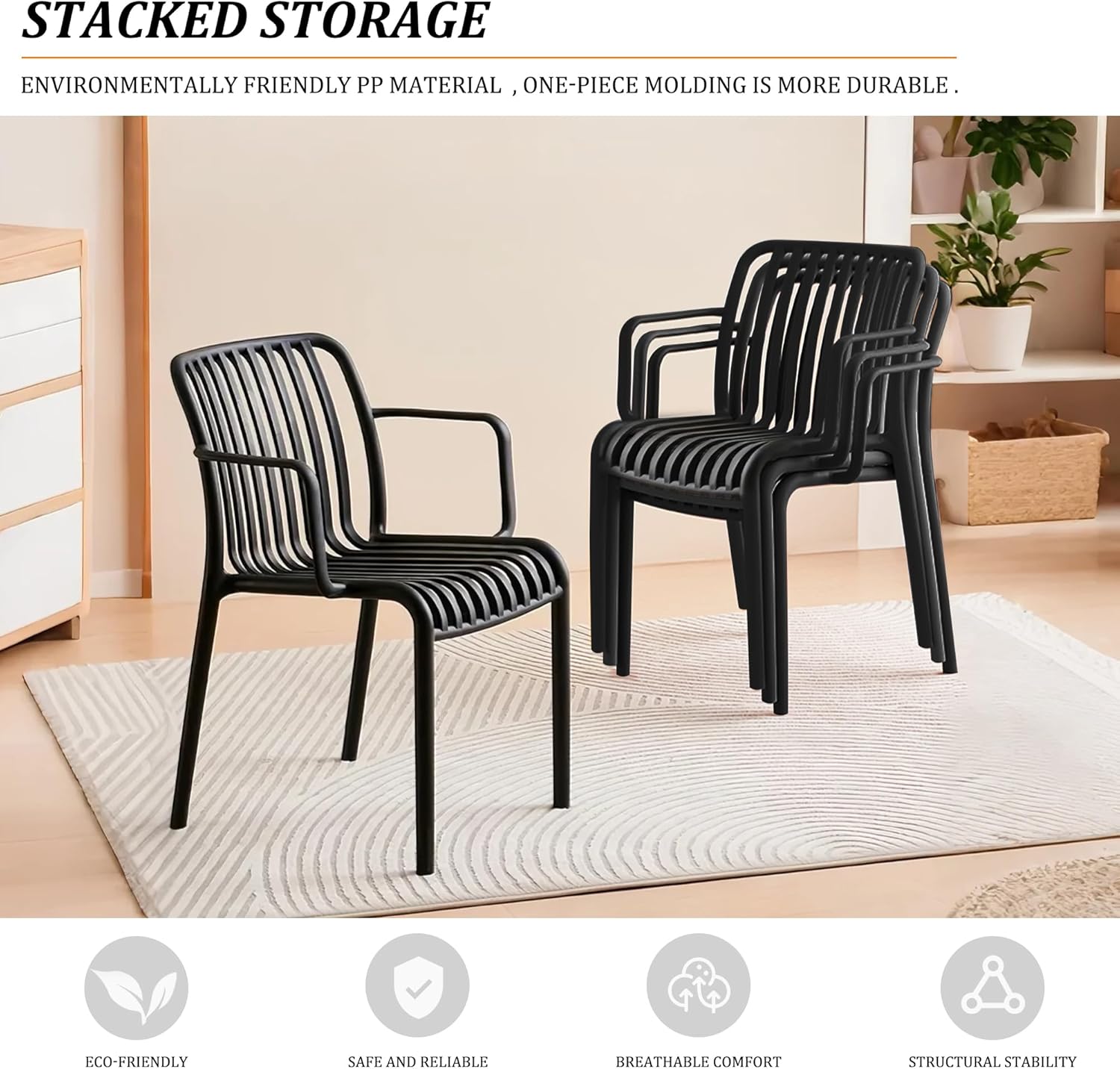 JPBSTO Patio Dining Chairs Set of 4,Outdoor Stackable Chairs with Curved Back for Indoor Waterproof Restaurant Cafes(Not Included Table)