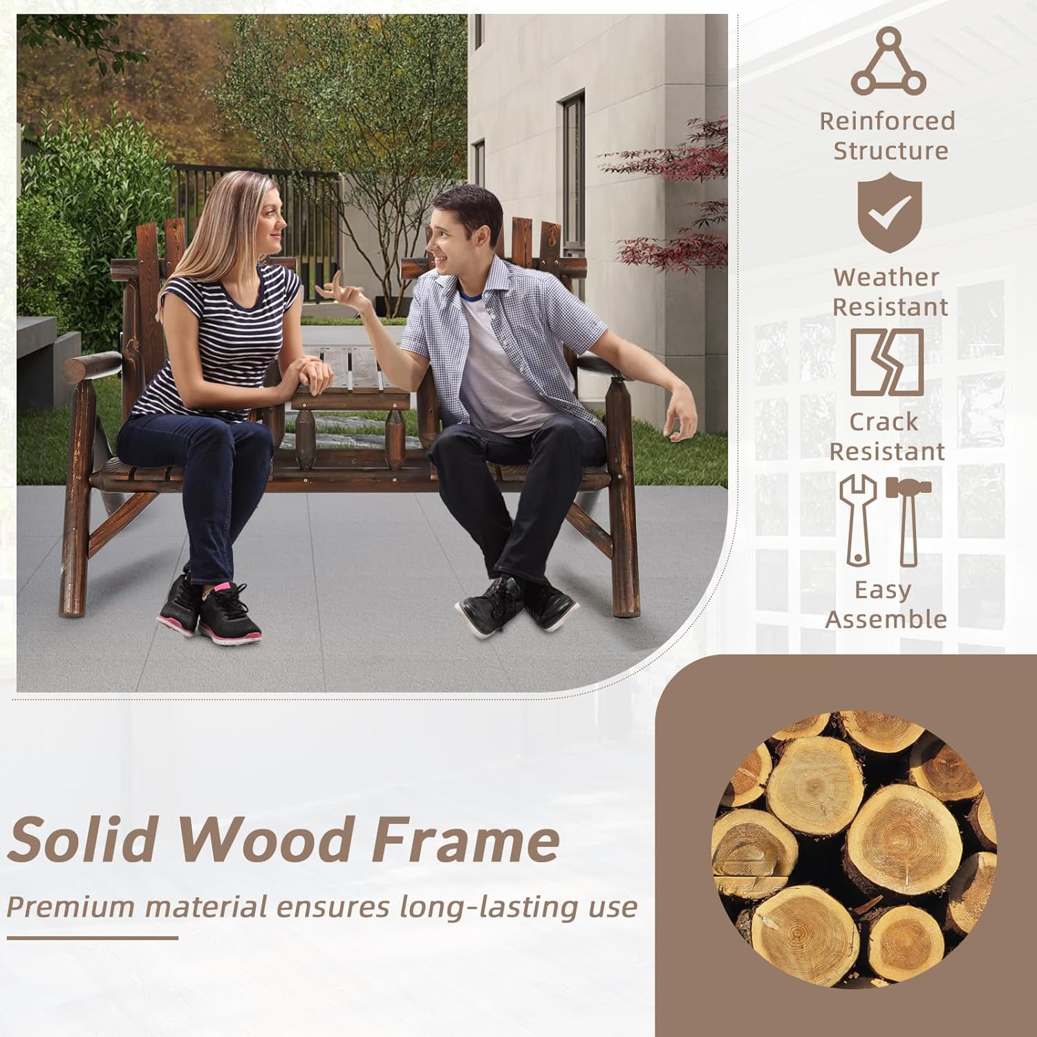 EPICOZY Outdoor 2-Person Wooden Adirondack Bench, Conversation Furniture Set with Patio Rustic Loveseat & Built-in Table, Carbonized Garden Bench Fire Pit Chair for Backyard Porch Pool Deck