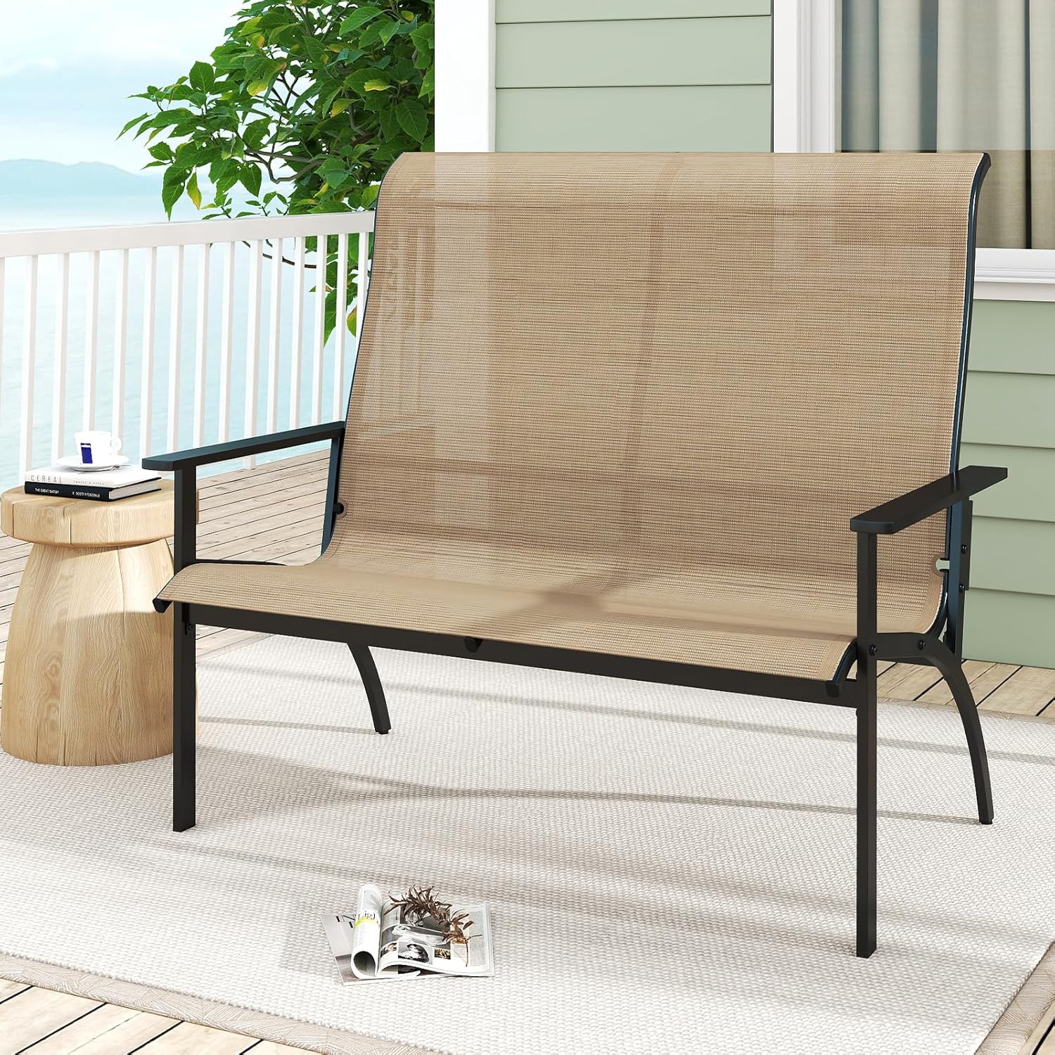 Tangkula Outdoor Adirondack Bench Chair, 2-Person Patio Garden Bench with High Back and Armrests, 880 lbs Weight Capacity, Front Porch Loveseat Furniture for Deck, Lawn and Backyard (Coffee)