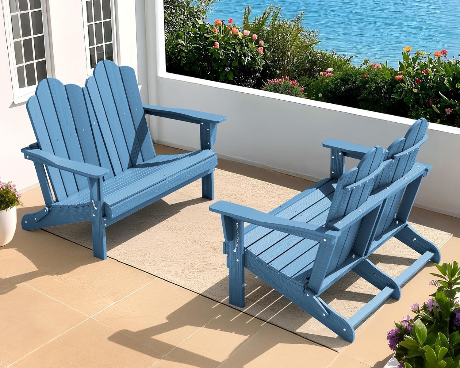 SERWALL Folding Adirondack Bench, HDPE All-Weather Adirondack Loveseat, 660 lbs Capacity, Foldable Outdoor Patio Bench for Deck, Lawn, Garden, Black