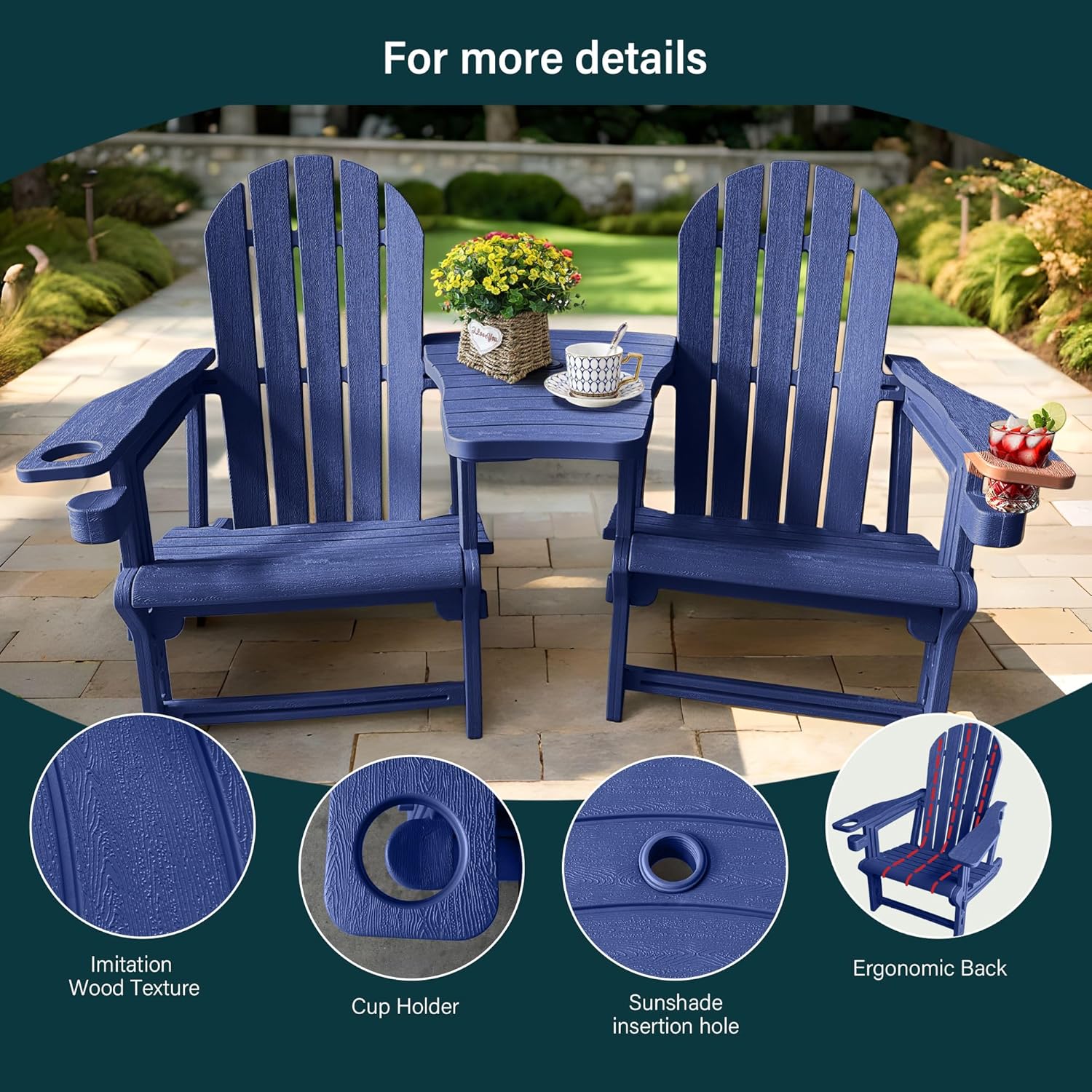 QuinnAndSunny HDPE Adirondack Chairs for Outside, All-Weather Patio Chairs with Cup Holder, Outdoor Lawn Chair for Poolside/Fire Pit/Backyard/Deck, Blue Double Adirondack Chair with Table