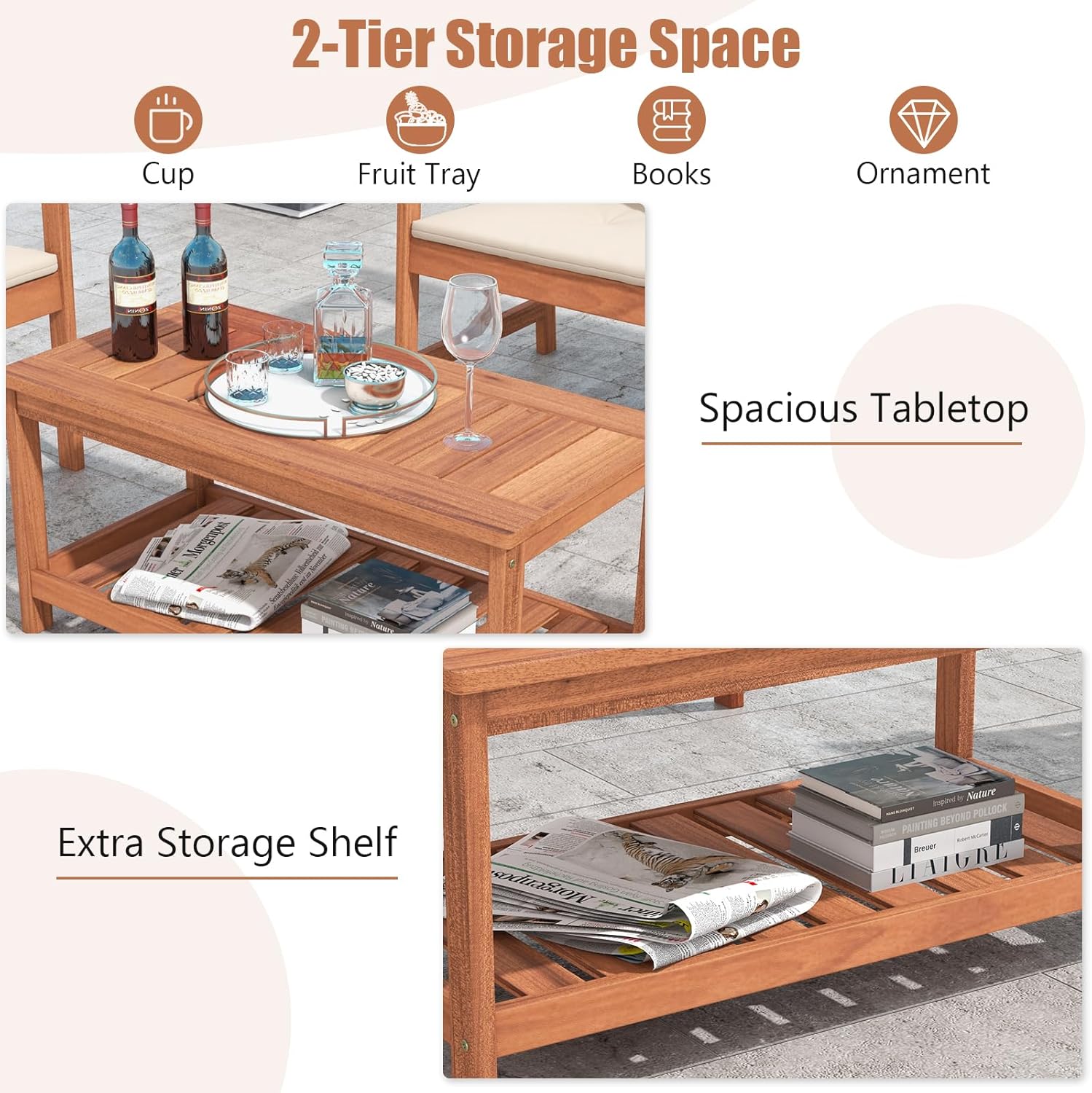 Tangkula Wood Outdoor Patio Coffee Table, 2-Tier Coffee Table with Slat Tabletop, Storage Shelf, Rectangle Patio Furniture for Garden Backyard Conversation (Natural)