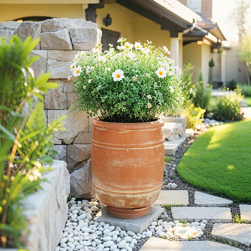 11"H x 9.5" Dia Aged Terracotta Clay Planter Pot with Drainage Hole, Rustic Farmhouse Style Flower Pot with Distressed Finish, Vintage Decorative Planter for Indoor Outdoor Garden, Patio, Porch