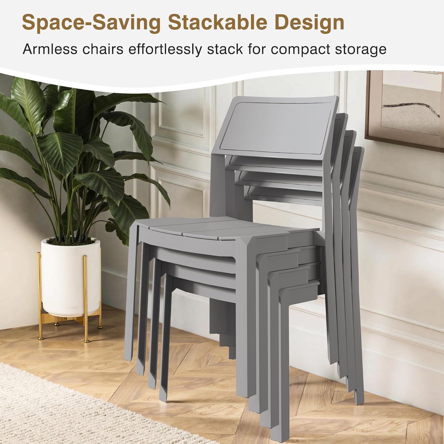 VECELO Plastic Stackable Dining Chairs Set of 4, Portable Patio Chairs for Indoor & Outdoor Use, No Assembly Required, Classic Grey