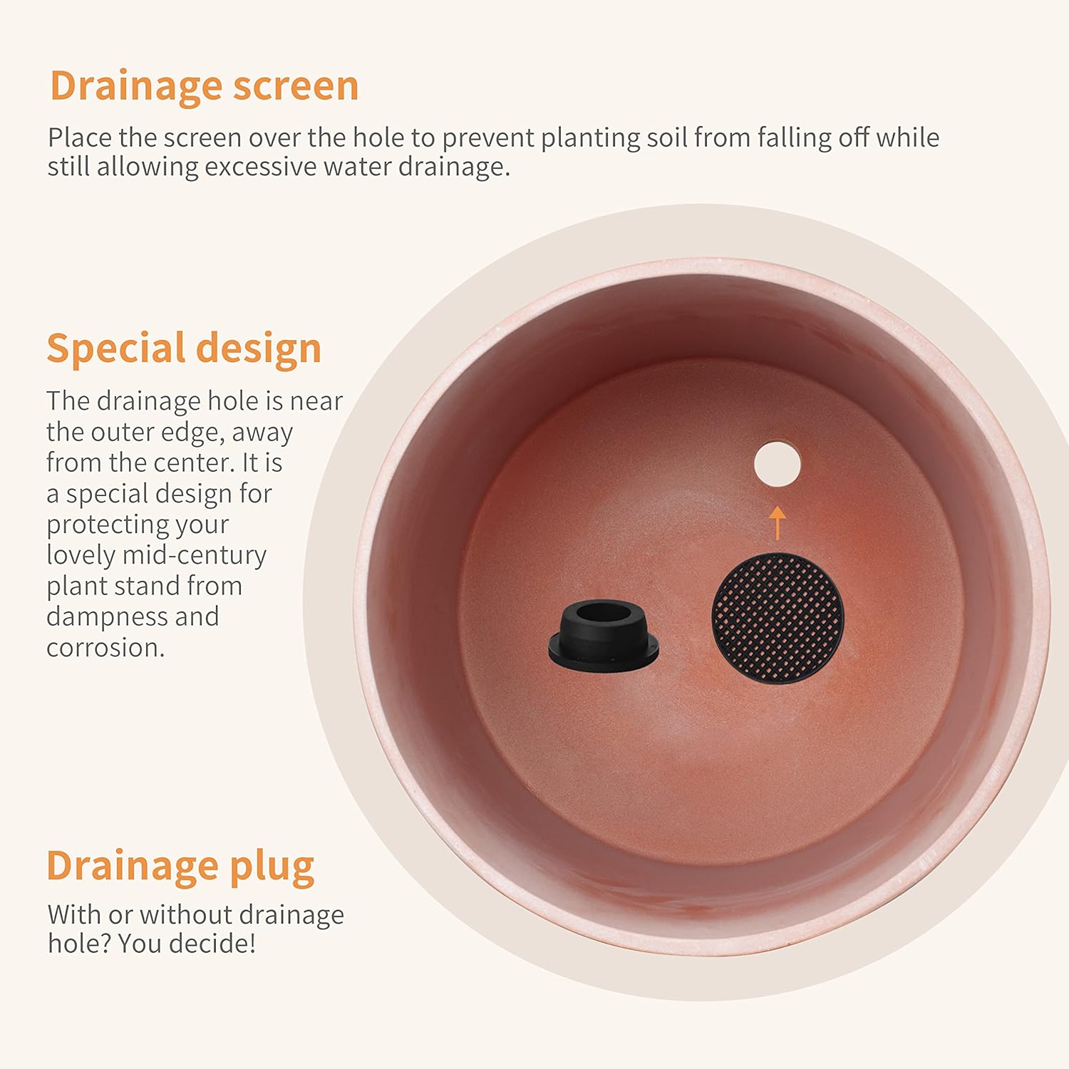 FaithLand Plant Pot 12 inch - Perfectly Fits Mid-Century Modern Plant Stand - Drainage Plug and Drainage Mesh Screen - Terracotta Color