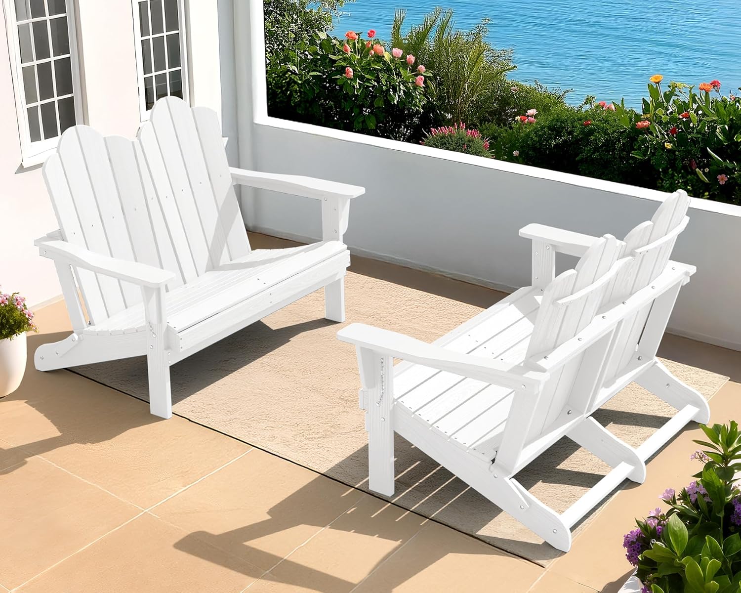 SERWALL Folding Adirondack Bench, HDPE All-Weather Adirondack Loveseat, 660 lbs Capacity, Foldable Outdoor Patio Bench for Deck, Lawn, Garden, Black