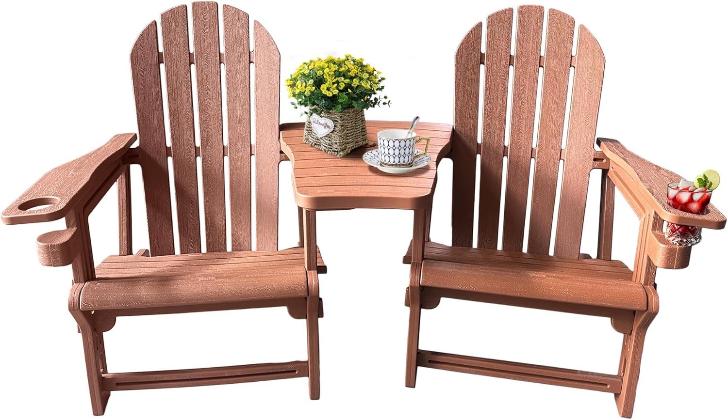 QuinnAndSunny HDPE Adirondack Chairs for Outside, All-Weather Patio Chairs with Cup Holder, Outdoor Lawn Chair for Poolside/Fire Pit/Backyard/Deck, Blue Double Adirondack Chair with Table