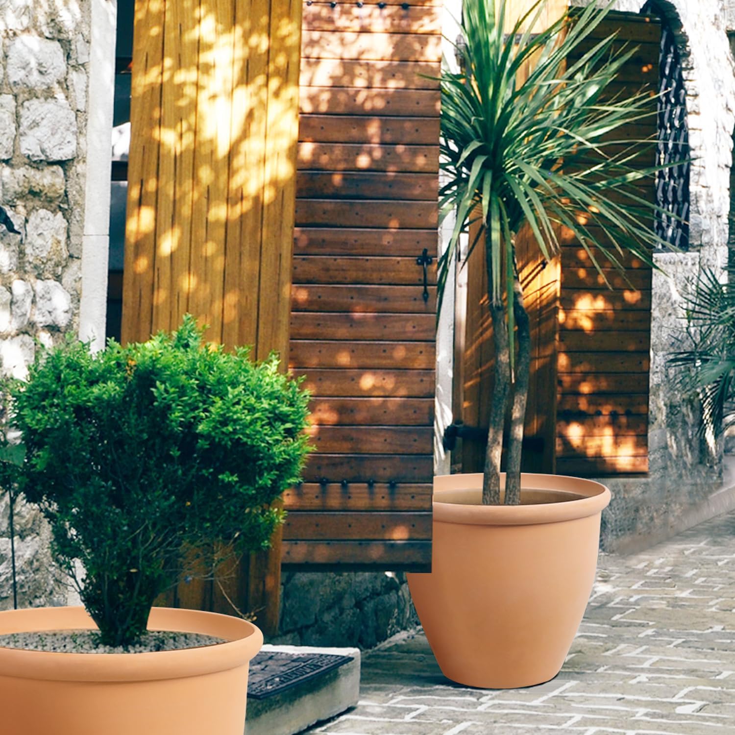 Worth Garden 2-Pack 15" Dia. Round Planters - Large Plastic Plant Pots with Drainage Hole for Indoor & Outdoor Use- Lightweight Decorative Flower Tree Containers for Porch, Patio, Yard, or Deck