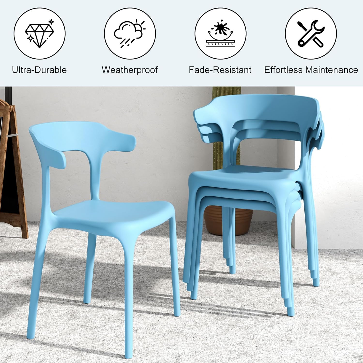VECELO 4 Pack Plastic Stacking Chairs, Stackable Dining Chairs for Kitchen Restaurant Patio, Portable Indoor Outdoor Use, No Assembly Required, Blue