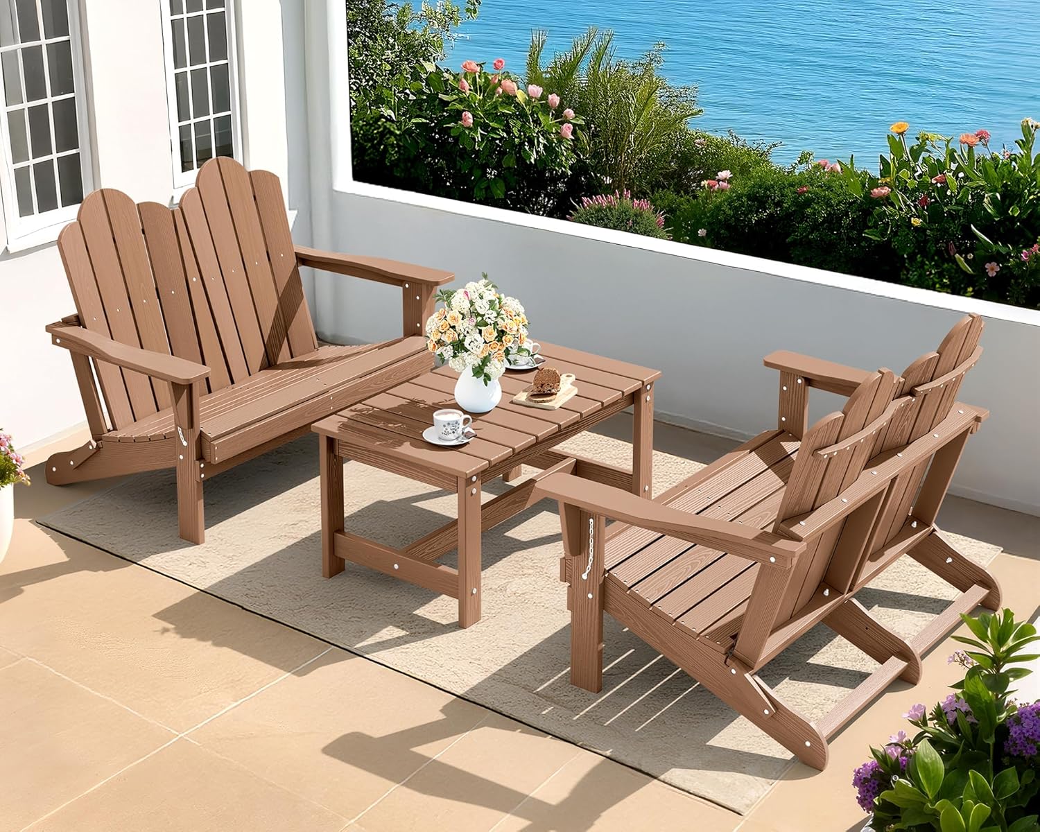 SERWALL Folding Adirondack Bench, HDPE All-Weather Adirondack Loveseat, 660 lbs Capacity, Foldable Outdoor Patio Bench for Deck, Lawn, Garden, Black