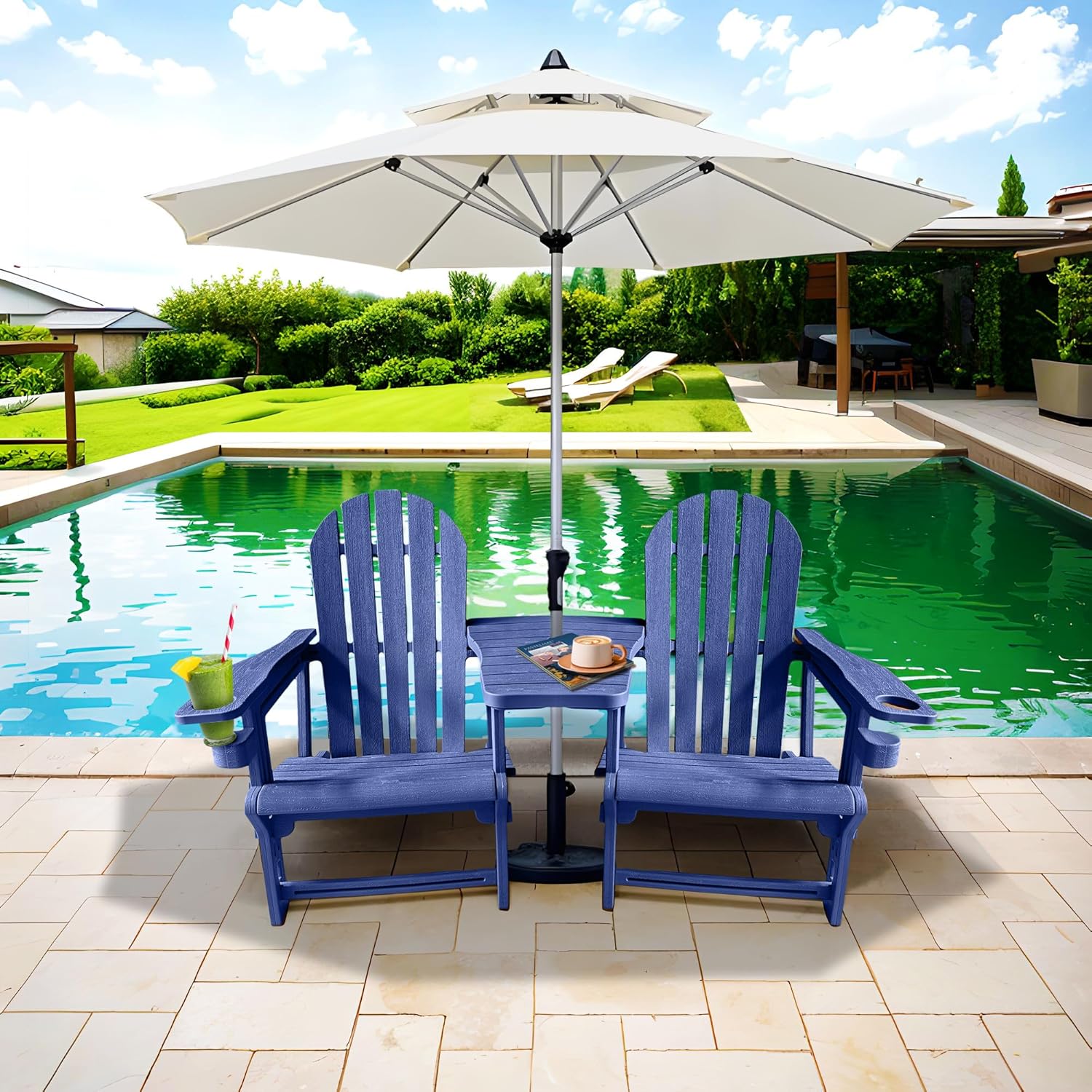 QuinnAndSunny HDPE Adirondack Chairs for Outside, All-Weather Patio Chairs with Cup Holder, Outdoor Lawn Chair for Poolside/Fire Pit/Backyard/Deck, Blue Double Adirondack Chair with Table