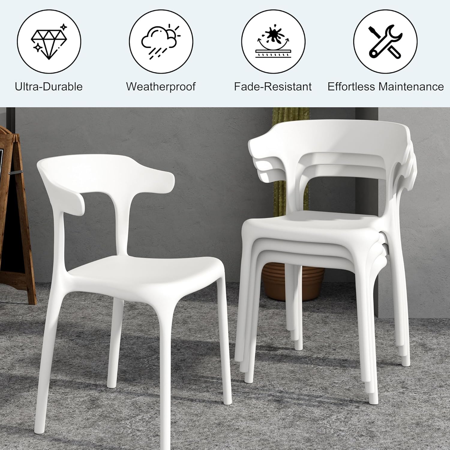VECELO 4 Pack Plastic Stacking Chairs, Stackable Dining Chairs for Kitchen Restaurant Patio, Portable Indoor Outdoor Use, No Assembly Required, Classic White