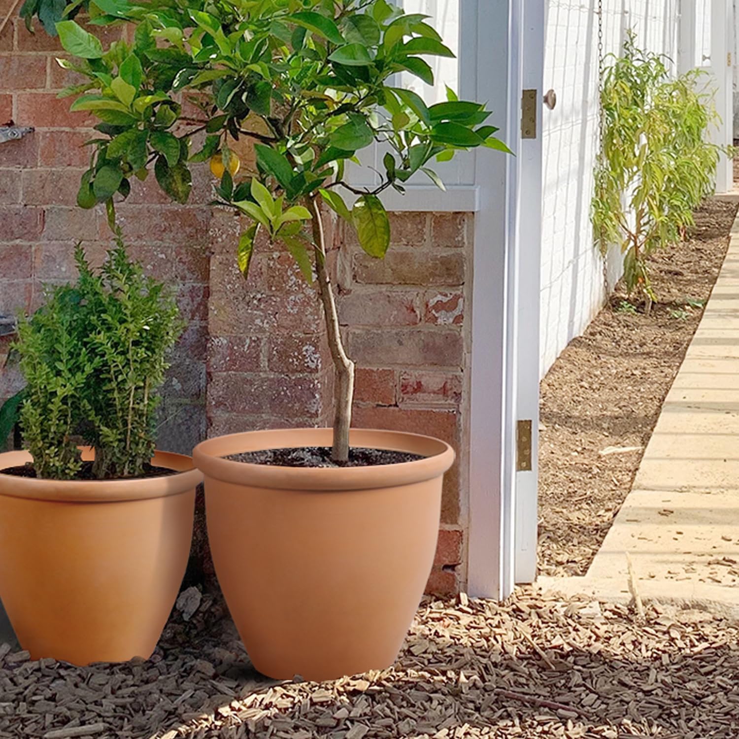 Worth Garden 2-Pack 15" Dia. Round Planters - Large Plastic Plant Pots with Drainage Hole for Indoor & Outdoor Use- Lightweight Decorative Flower Tree Containers for Porch, Patio, Yard, or Deck