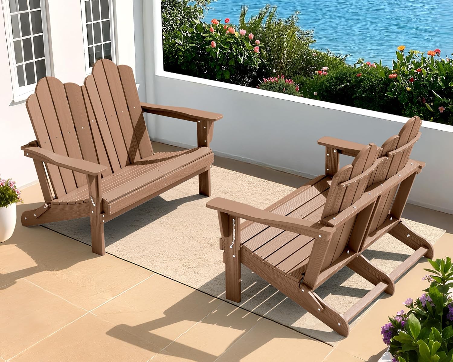 SERWALL Folding Adirondack Bench, HDPE All-Weather Adirondack Loveseat, 660 lbs Capacity, Foldable Outdoor Patio Bench for Deck, Lawn, Garden, Black