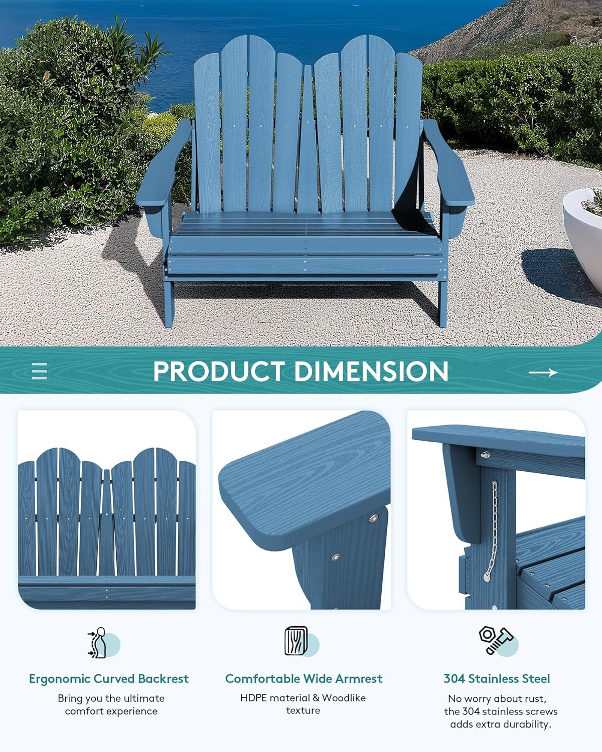 SERWALL Outdoor Folding Adirondack Bench, HDPE All-Weather Adirondack Loveseat, 660 lbs Capacity, Foldable Outdoor Patio Bench for Deck, Lawn, Garden, Navy