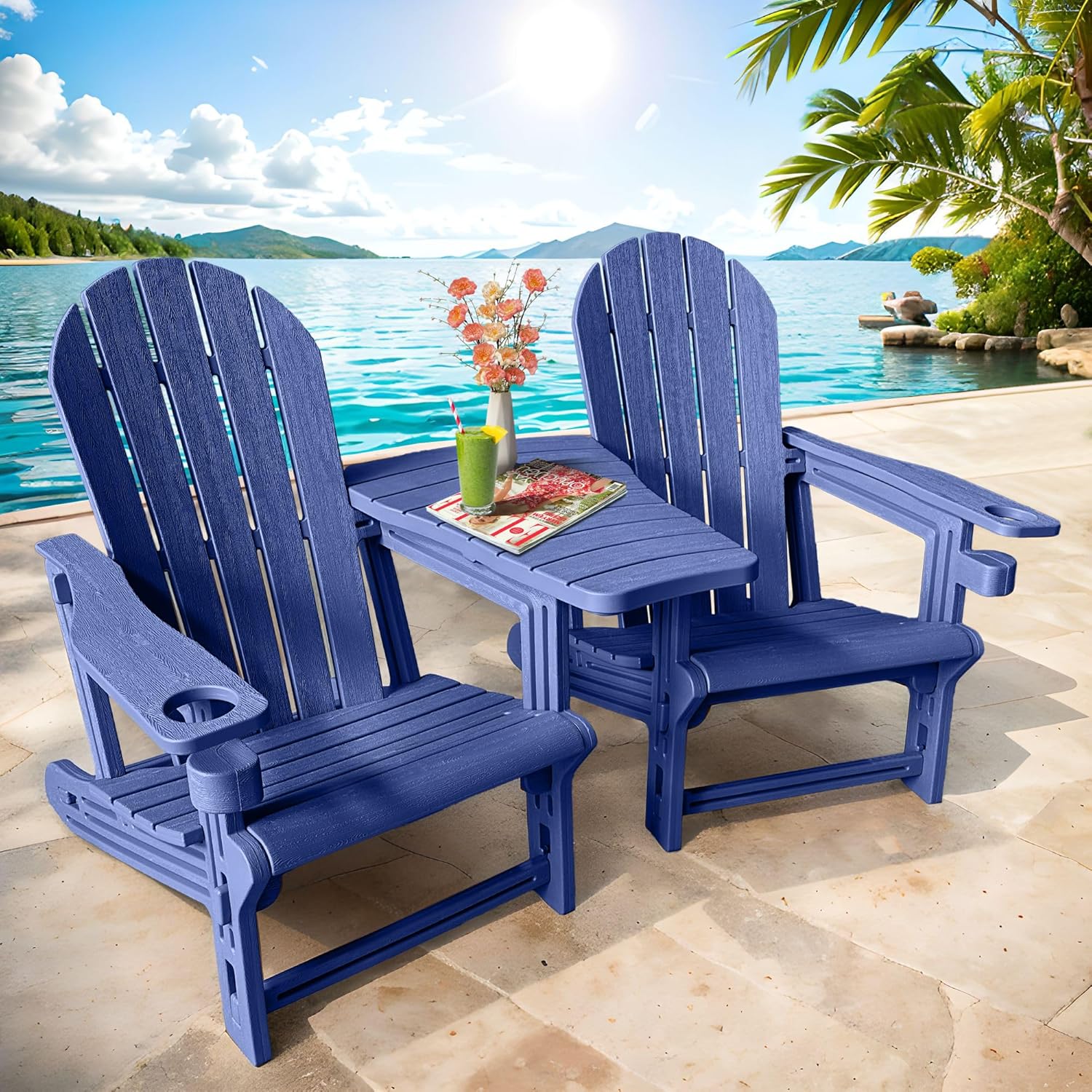 QuinnAndSunny HDPE Adirondack Chairs for Outside, All-Weather Patio Chairs with Cup Holder, Outdoor Lawn Chair for Poolside/Fire Pit/Backyard/Deck, Blue Double Adirondack Chair with Table