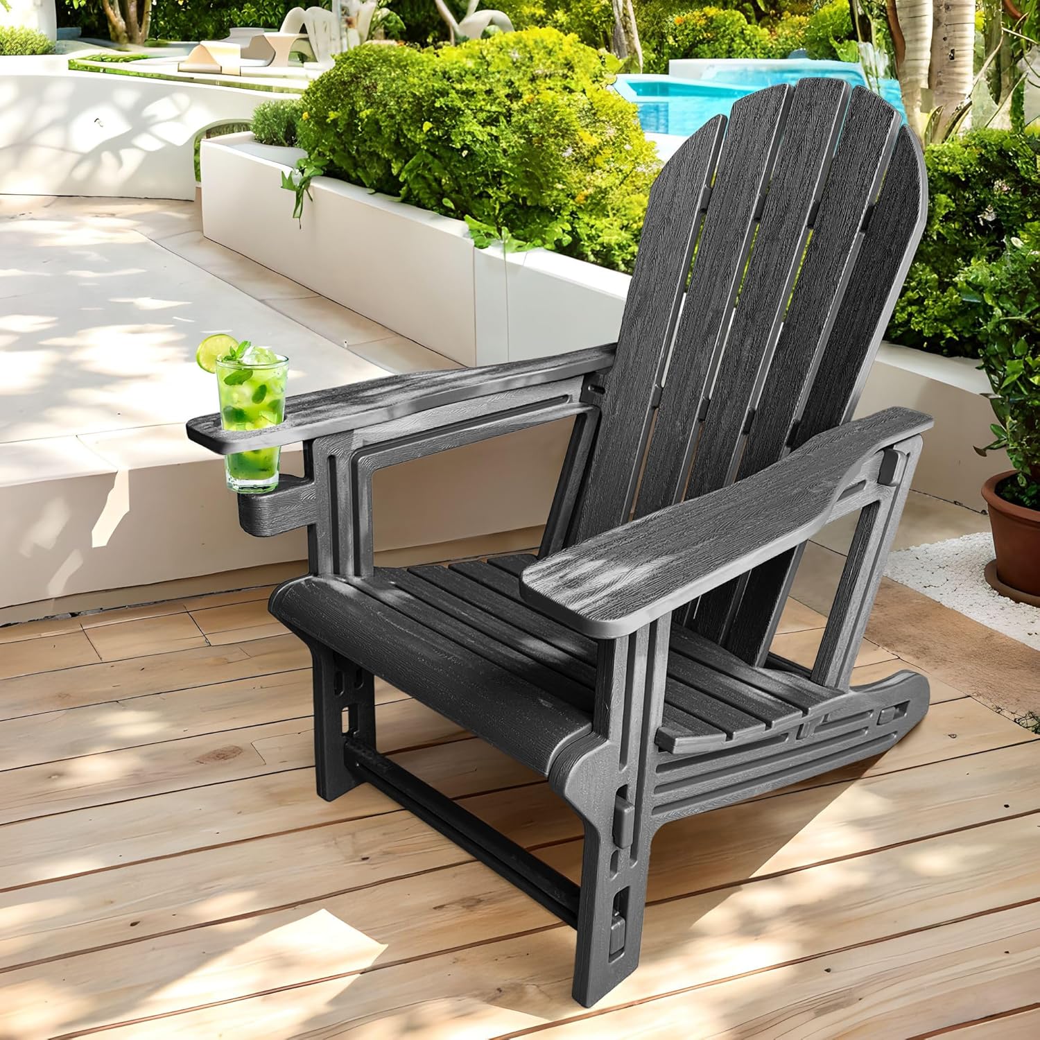 QuinnAndSunny HDPE Adirondack Chairs for Outside, All-Weather Patio Chairs with Cup Holder, Outdoor Lawn Chair for Poolside/Fire Pit/Backyard/Deck, Blue Double Adirondack Chair with Table