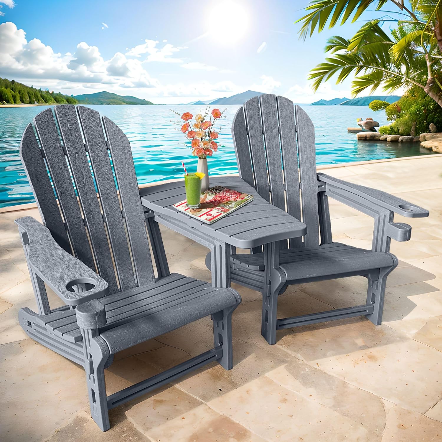 QuinnAndSunny HDPE Adirondack Chairs for Outside, All-Weather Patio Chairs with Cup Holder, Outdoor Lawn Chair for Poolside/Fire Pit/Backyard/Deck, Blue Double Adirondack Chair with Table