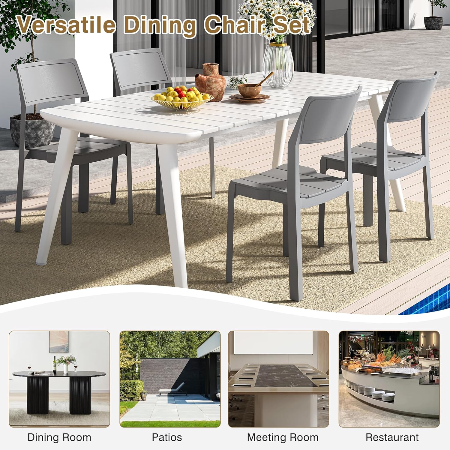 VECELO Plastic Stackable Dining Chairs Set of 4, Portable Patio Chairs for Indoor & Outdoor Use, No Assembly Required, Classic Grey