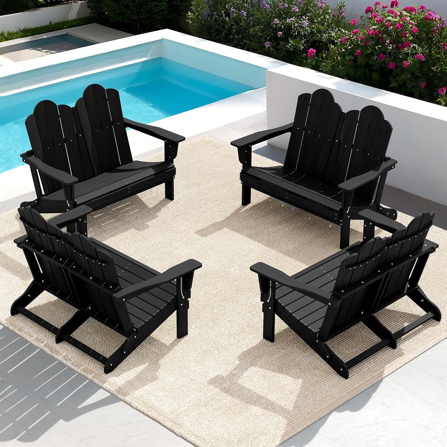 SERWALL Folding Adirondack Bench, HDPE All-Weather Adirondack Loveseat, 660 lbs Capacity, Foldable Outdoor Patio Bench for Deck, Lawn, Garden, Black