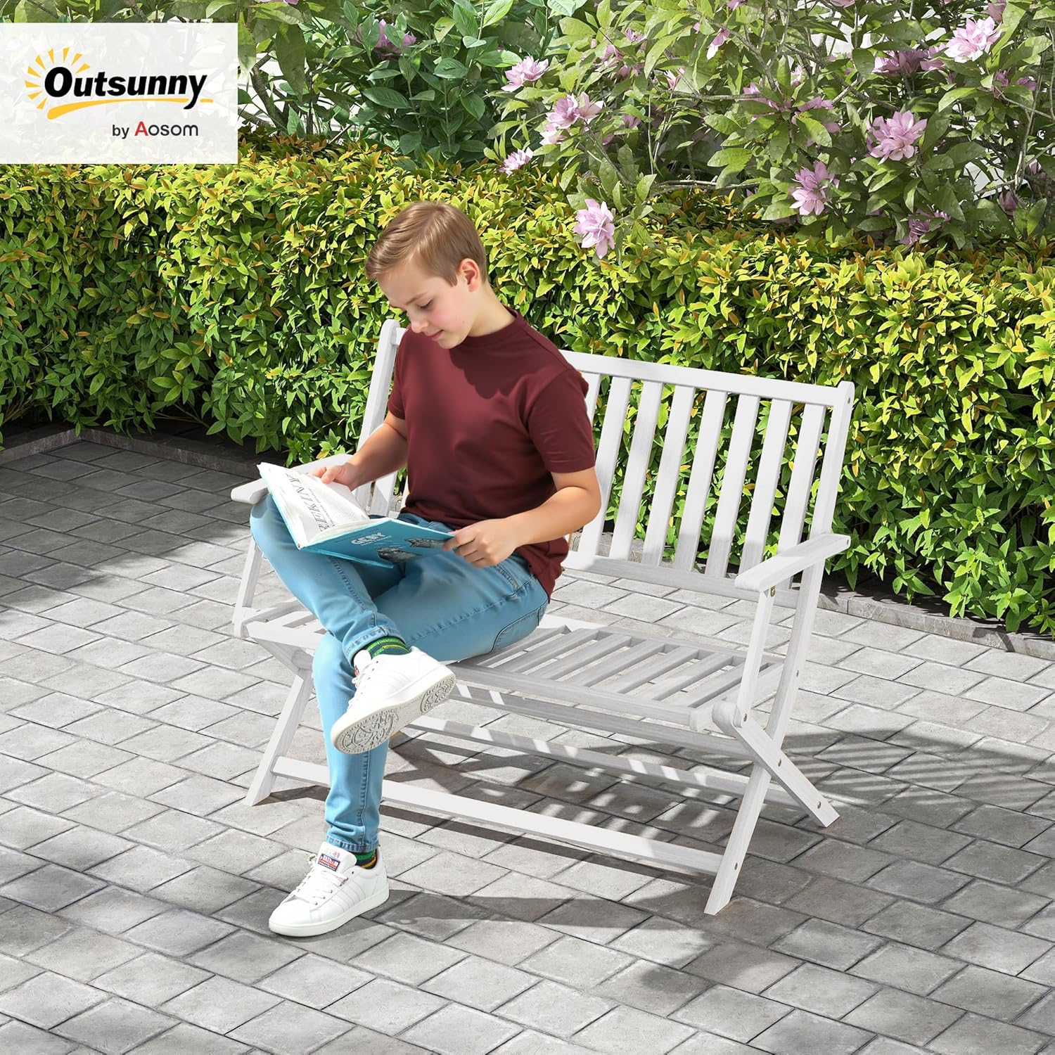 Outsunny Wood Outdoor Bench, 2-Person Foldable Patio Acacia Wood Garden Bench with Backrest and Armrests for Garden, Porch, Park, Balcony, White