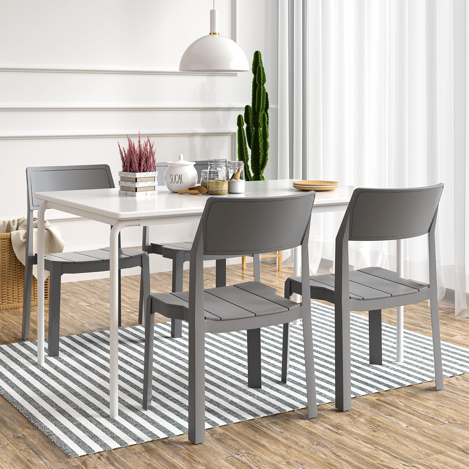 VECELO Plastic Stackable Dining Chairs Set of 4, Portable Patio Chairs for Indoor & Outdoor Use, No Assembly Required, Classic Grey
