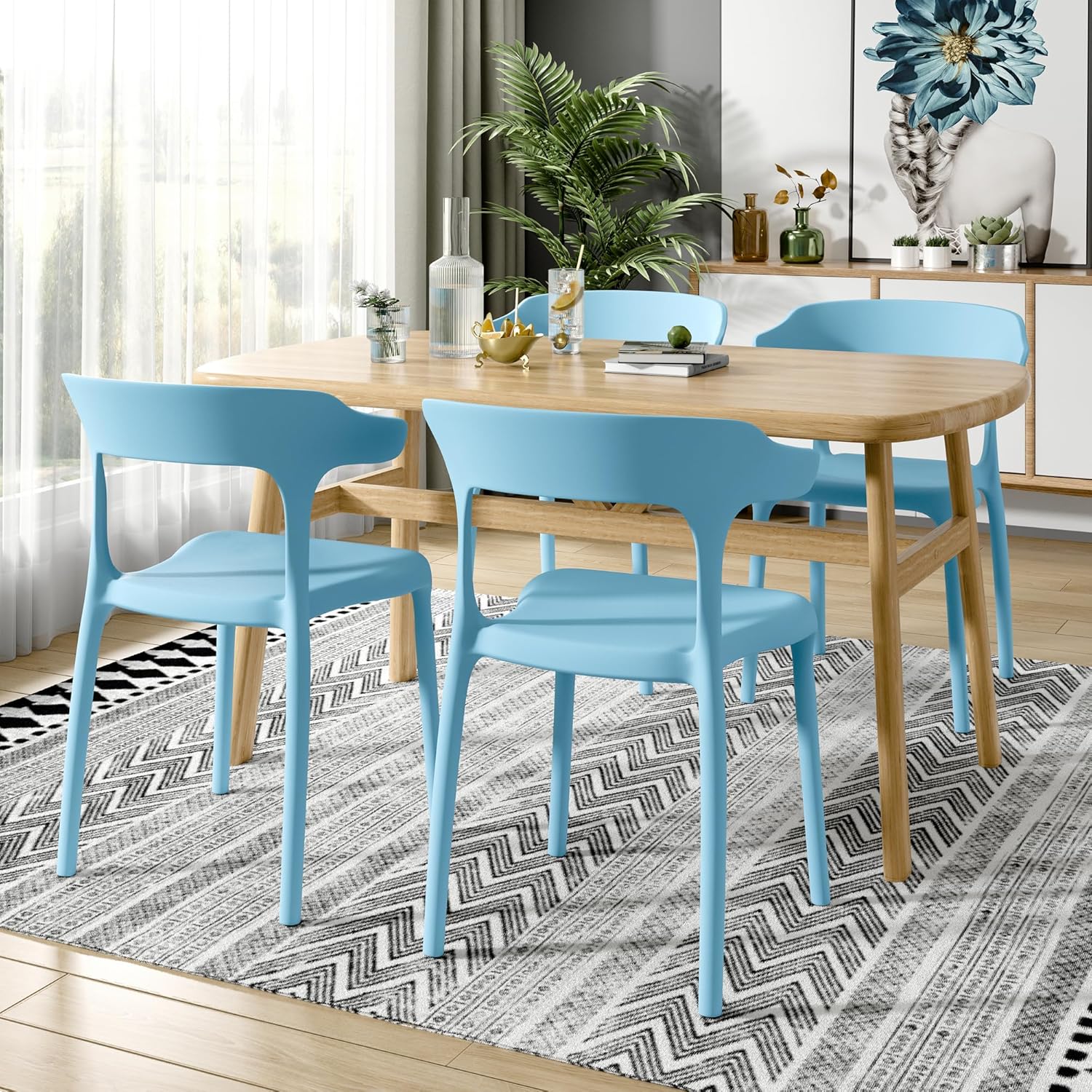 VECELO 4 Pack Plastic Stacking Chairs, Stackable Dining Chairs for Kitchen Restaurant Patio, Portable Indoor Outdoor Use, No Assembly Required, Blue