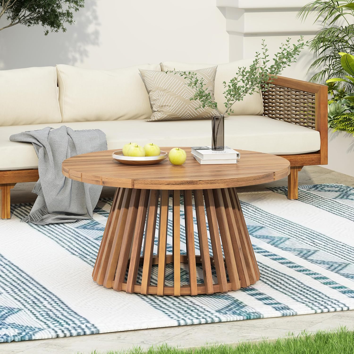 Merax Patio Outdoor Acacia Wood Round Coffee Table for Backyard, Lawn, Balcony Light Teak