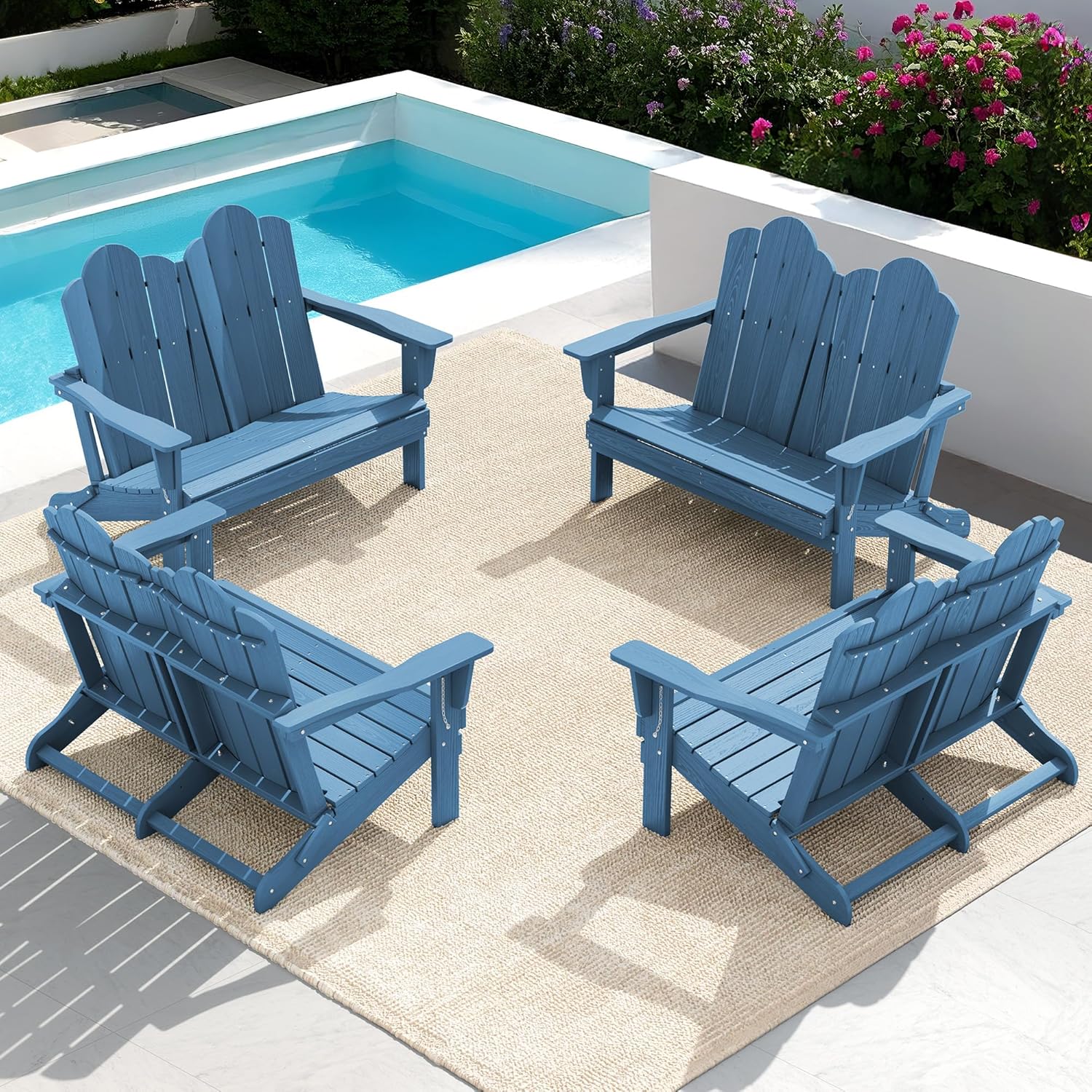 SERWALL Outdoor Folding Adirondack Bench, HDPE All-Weather Adirondack Loveseat, 660 lbs Capacity, Foldable Outdoor Patio Bench for Deck, Lawn, Garden, Navy