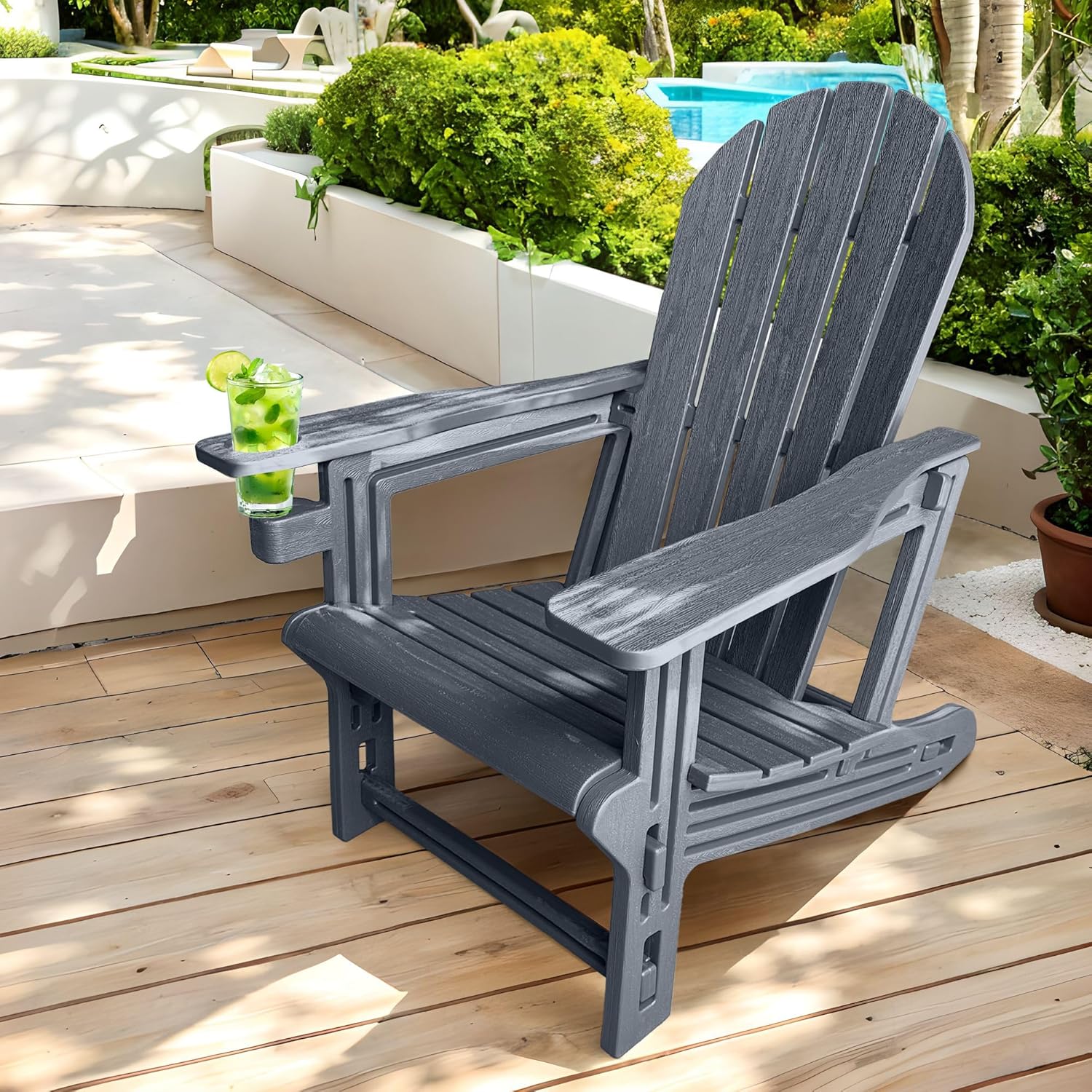 QuinnAndSunny HDPE Adirondack Chairs for Outside, All-Weather Patio Chairs with Cup Holder, Outdoor Lawn Chair for Poolside/Fire Pit/Backyard/Deck, Blue Double Adirondack Chair with Table